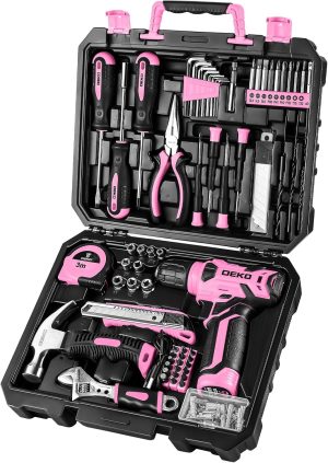 DEKOPRO Drill Set, Home Tool Set with 8V Pink Cordless Drill, Hand Tool Kit for Women, 126 pcs eBaydiy Tools