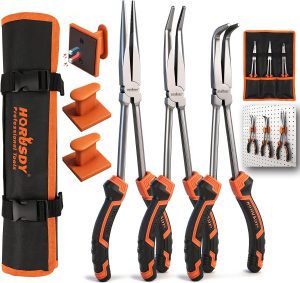 HORUSDY 3-Piece 11 Inch Long Reach Needle Nose Pliers Set, Extra Long Straight, 45° & 90° Bent Nose Pliers with 3 Magnetic Plier Racks and Roll-Up Storage Bag for Tight Spaces eBaydiy Tools