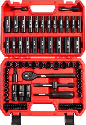 96-Piece 3/8" Drive Impact Socket Wrench and Bit Set, SAE 5/16”-3/4” & Metric 8-22mm, Cr-V Standard & Deep Sockets, Power Bits, Ratchet Handle, Universal Joint, Bit Holder, Adapters, Spark Plug Socket eBaydiy Tools