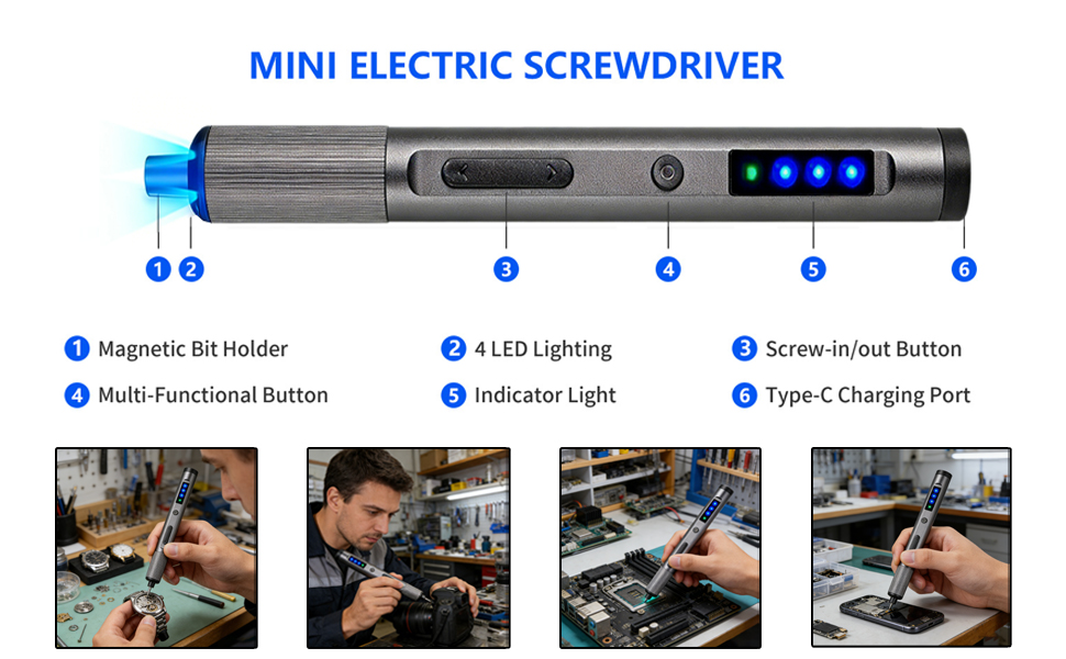 Magnetic Bit Holder + 4 LED Lighting + Multi-Functional Button + Type-C Charging