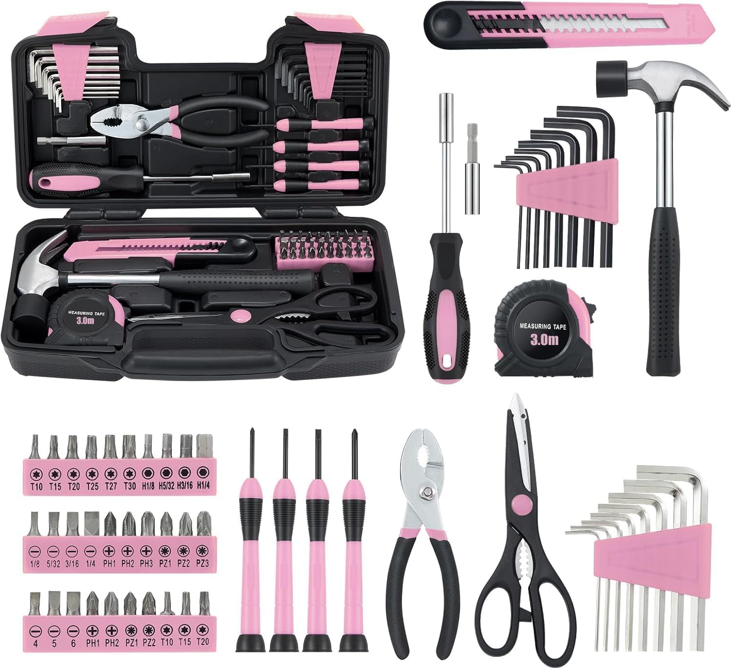 58 Piece Household Tool Set, General Household Hand Tool Kit with Plastic Toolbox Storage Case, All Purpose Household Tool Kit for Women, Girls and Ladies, Pink eBaydiy Tools