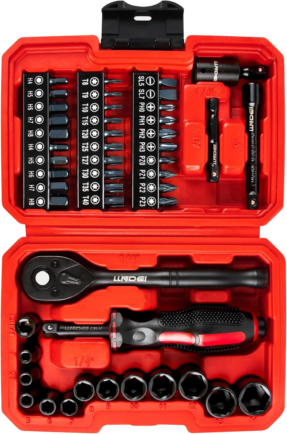 LLNDEI 48 Piece 1/4 Inch Mini Socket Ratchet Wrench Set, Metric Shallow Socket (4-14mm) 6-Point,with 72 Teeth Mini Ratcheting Wrench, Screwdriver Bit Set, Universal Joints and 3 Inch Extensions eBaydiy Tools