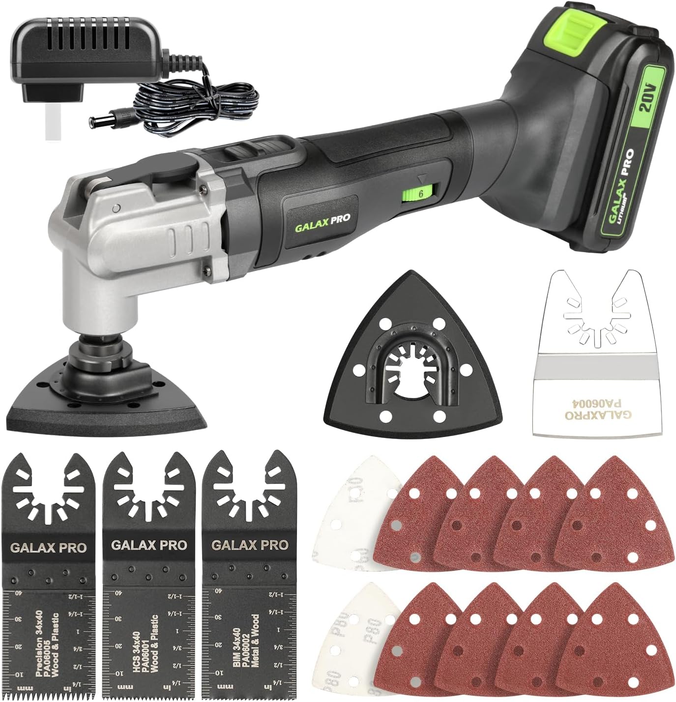 GALAX PRO Power Oscillating Tool, Cordless Oscillating Multi Tool 20V Lithium Ion with 2.0Ah Battery and Charger, 3pcs Blade and 10pcs Sanding Papers for Sanding, Grinding