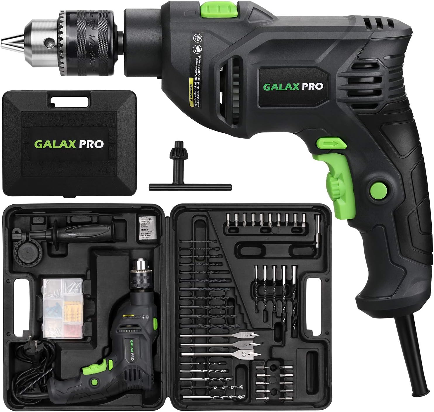 GALAX PRO 5Amp 1/2-inch Hammer Drill with 105pcs Accessories, Variable Speed 0-3000, Hammer and Drill 2 Functions in 1, 360°Rotating Handle, Depth Gauge, Carrying Case Included
