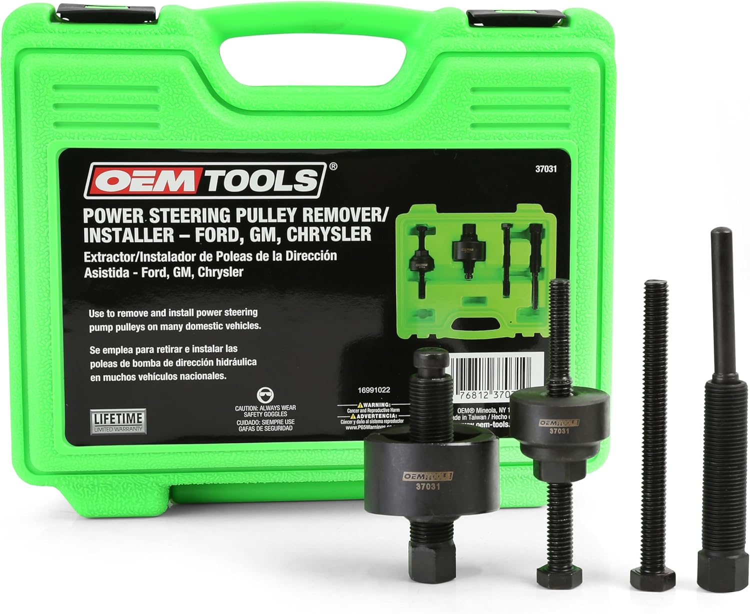 OEMTOOLS Power Steering Pulley Puller and Installer Kit, Removes and Installs Power Steering Pump Pulleys on Most Domestic Vehicles, Ford, GM, VW, 37031 Green Case