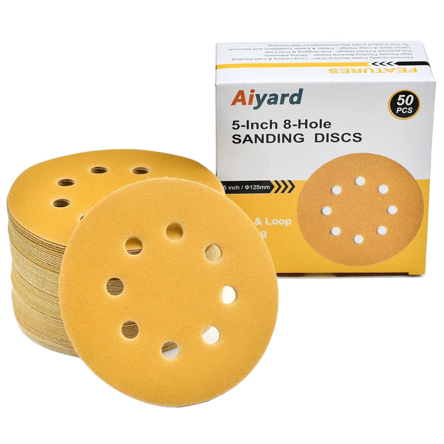 5-Inch 8-Hole Hook and Loop Sanding Discs 220-Grit Random Orbit Sandpaper, 50-Pack