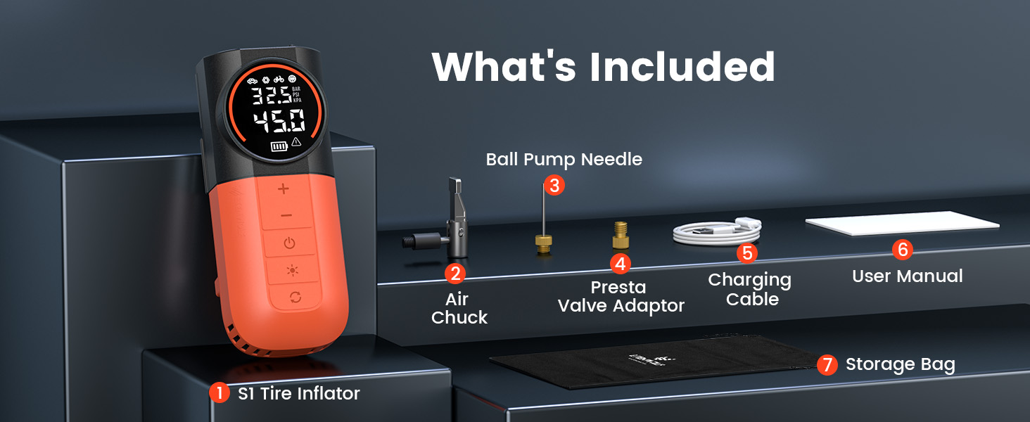 What's Included. S1 Tire Inflator, Air Chuck, Presta Valve Adapter, Charging Cable, Storage Bag