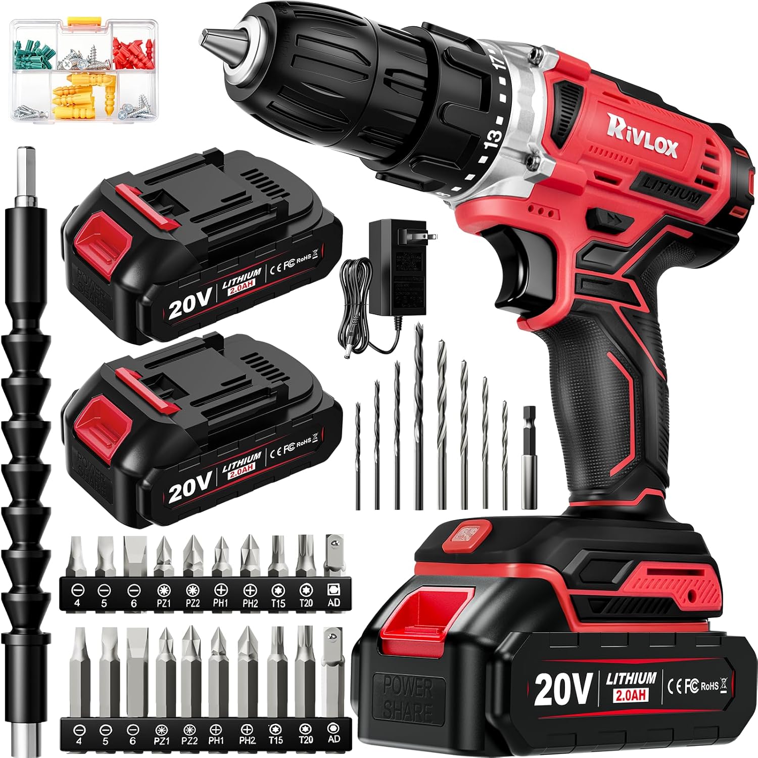 20V Cordless Drill Set,Electric Power Drill Cordless,Power Drill Drivers,Electric Screwdriver - 2.0Ah Batteries, 30Nm,21+1 Torque,2 Speed,34pcs Acessories,Built-in LED,Kit for Home,Red