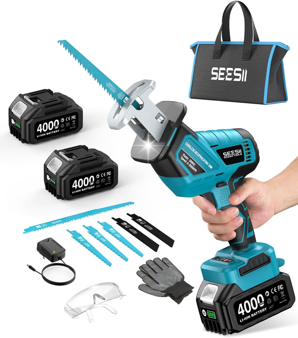 SEESII Reciprocating Saw Cordless, Variable Speed 3500 RPM Brushless Motor with 6 Saw Blades, 2 x 4.0Ah Batteries, LED Light, Tool‑Free Blade Change, Portable for Wood PVC Cutting