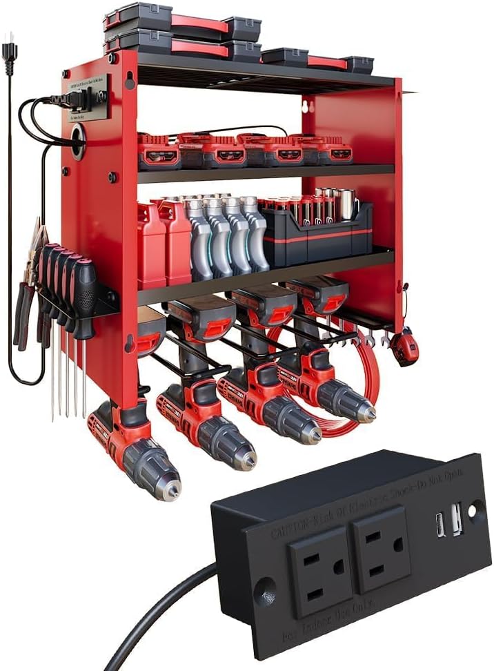 4 Layers Power Tool Organizer Wall Mount with Power Strip, Heavy Duty Metal Tool Shelf, 400lbs Capacity for Cordless Drills, Batteries & Garage Storage (4 Slots with 2 Outlets Power Strip)