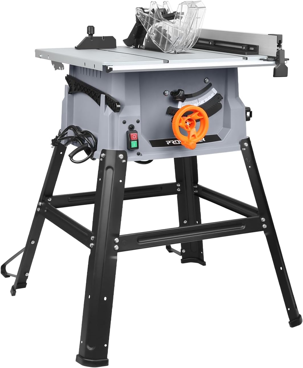Prostormer 10 Inch Table Saw with Stand, 15A 5000RPM Portable Benchtop Saw, 45°Bevel Cutting Tabletop Saw for Woodworking