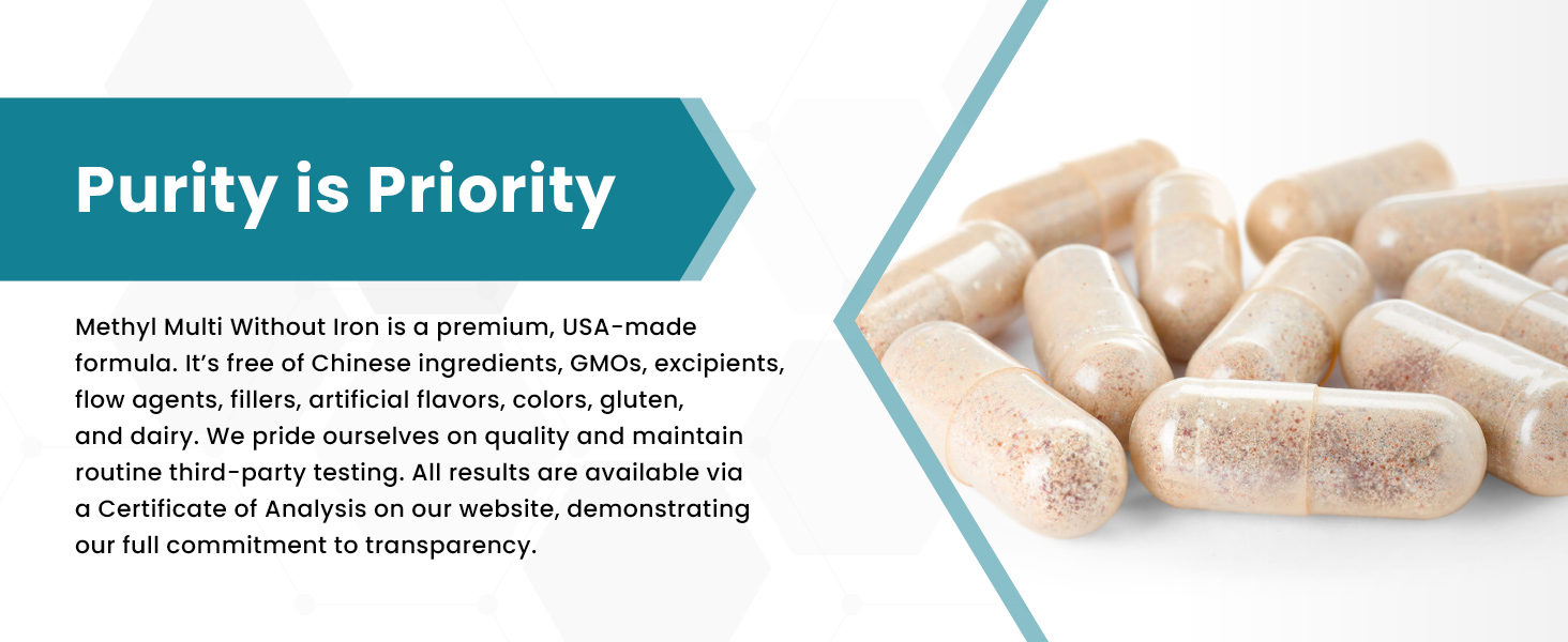 USA-made, patented formula, non-GMO, no excipients, no flow agents or fillers, gluten and dairy free