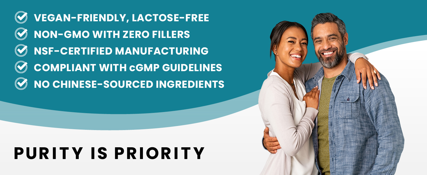 Vegan-friendly, lactose-free, non-gmo + zero fillers, NSF-certified, cGMP compliant