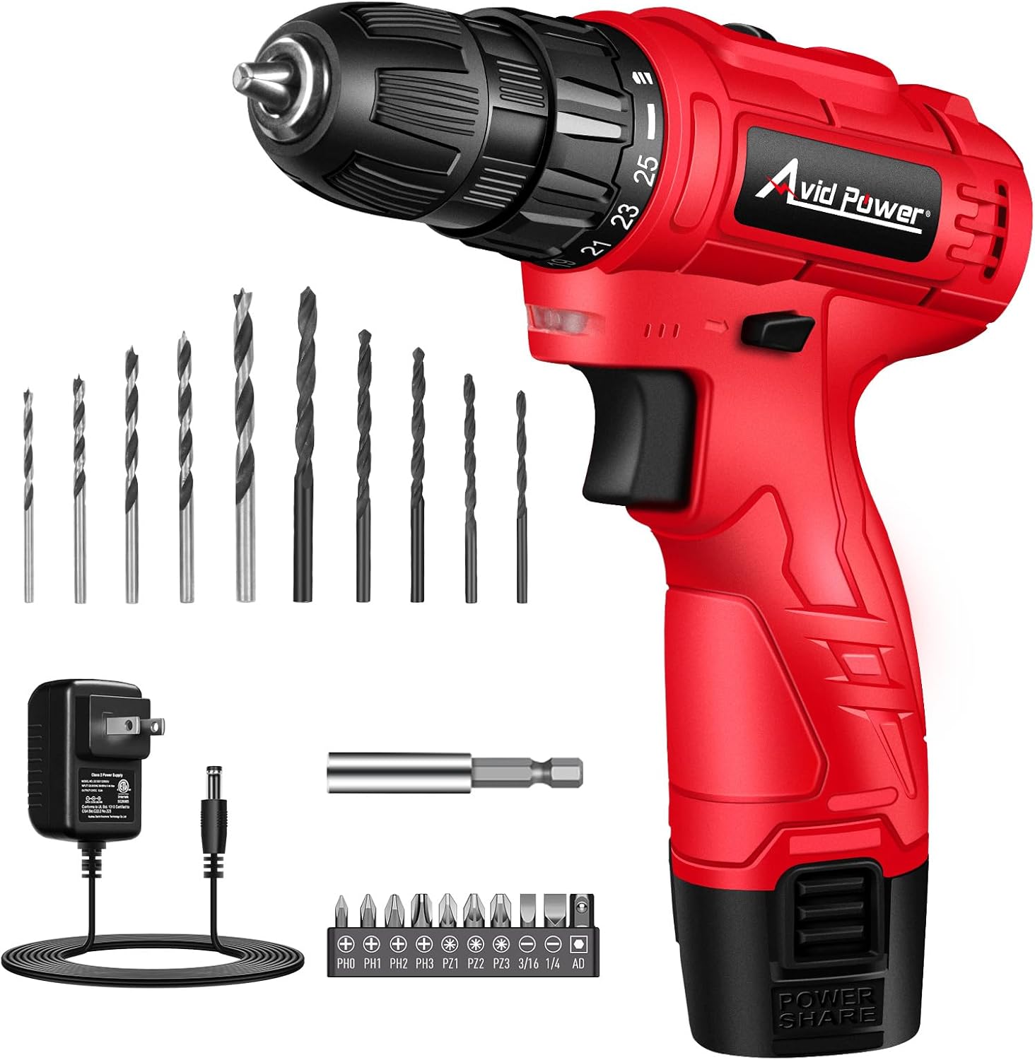 AVID POWER 12V Cordless Drill, 3/8-Inch Keyless Chuck, High-Speed 1400 RPM & 25+1 Torque Control, Electric Power Drill Kit with 21pcs Bits, Battery and Charger