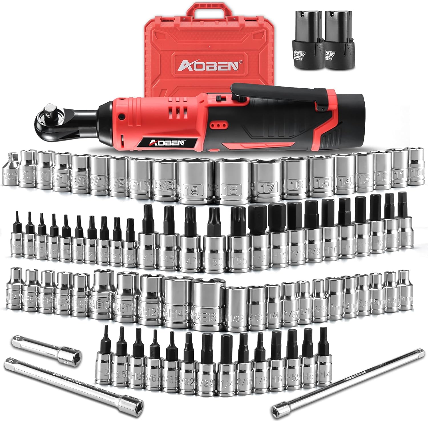 AOBEN Cordless Electric Ratchet Wrench with 83pc 1/4" to 3/8" impact sockets set,12V Electric Wrench with Variable Speed,3/8" to 1/4" Adapter, 3" Extension Bar