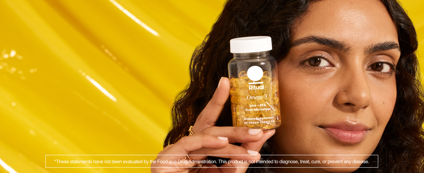 Ritual Vegan Omega 3 bottle, algae oil omega-3 supplement for heart and brain health