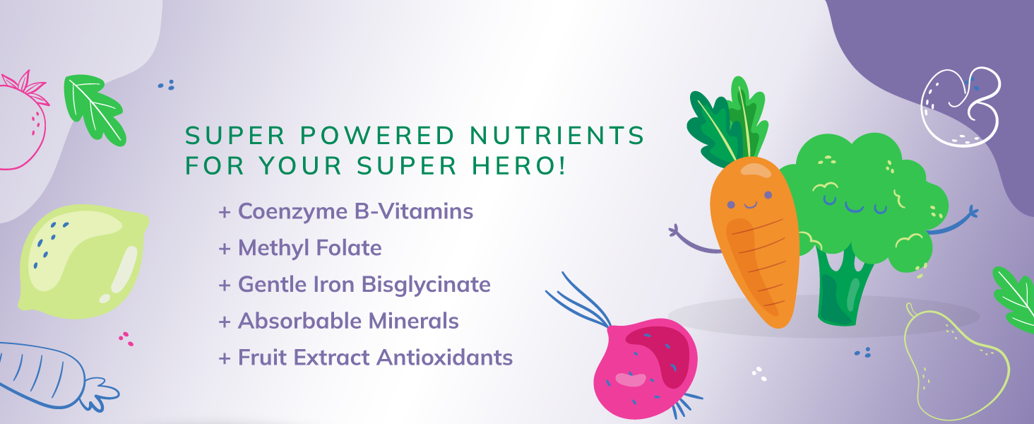 Coenzyme B-Vitamins Methyl Folate Iron Bisglycinate Absorbable Minerals Fruit Extract Antioxidants