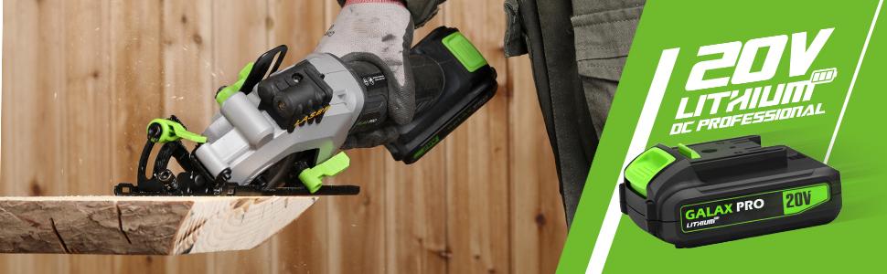 Cordless chainsaw cutting wood, with 120V lithium battery pack visible. Green text indicates voltage and battery type.