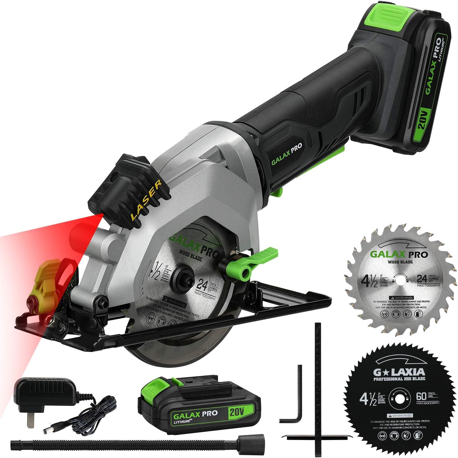 GALAX PRO 20V Cordless Mini Circular Saw 4-1/2" - 2.0Ah Battery, Laser/Rip Guide, 2 Blades(24T+60T), 3400RPM, 1-11/16" Cutting Depth