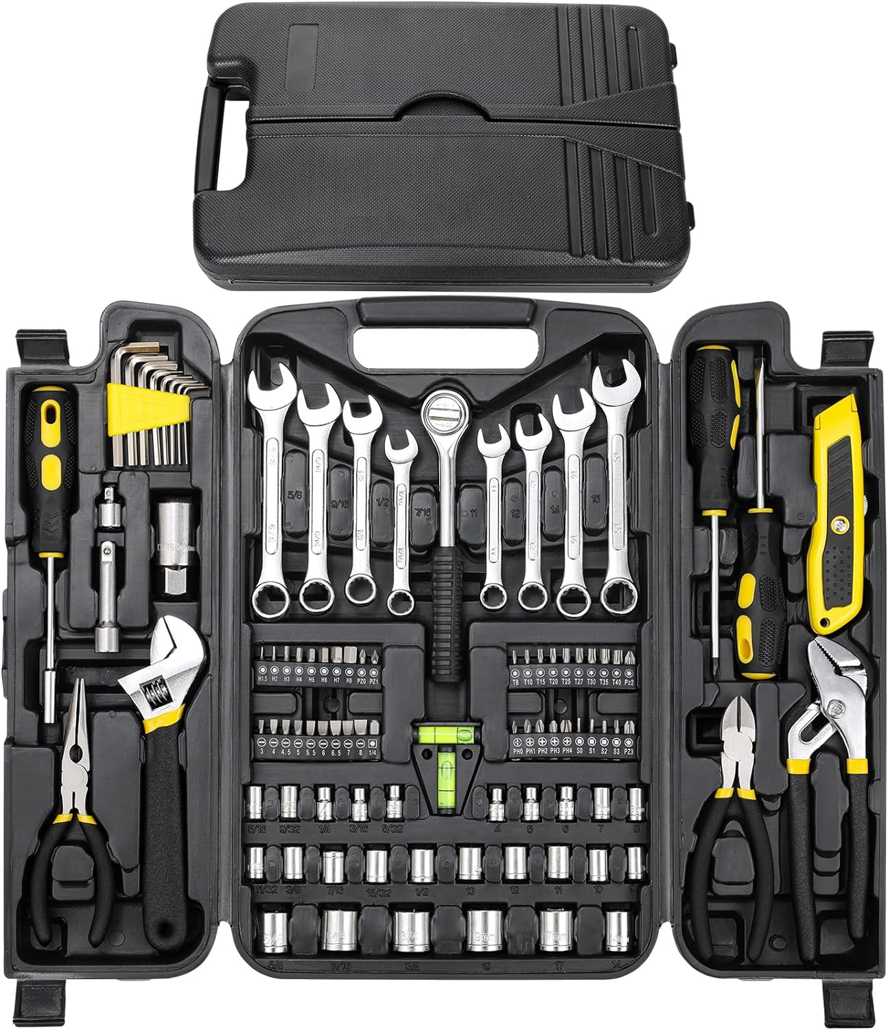 TLGREEN 95 Piece Tool Set, Tool Kit, Mechanics Tool Set, Portable Toolbox with Adjustable Wrench Pliers Socket Bits, with Plastic Toolbox Storage Case, for House Apartment Garage (Yellow)