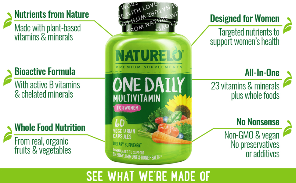 Nutrients from Nature. Bioactive Formula. Whole Food Nutrition. Designed for Women. All-In-One.