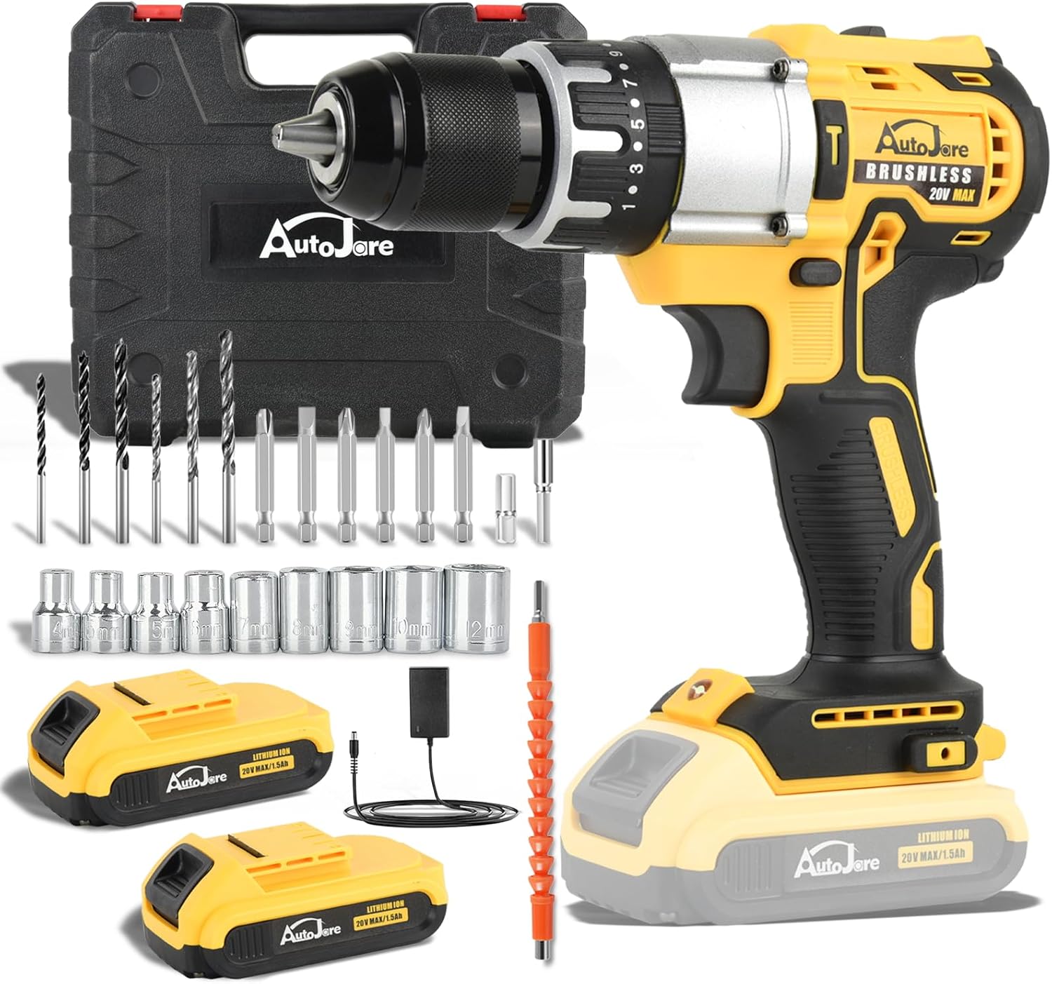 1/2" Cordless Drill Driver 2 Speed Modes 25+3 Clutch 798 in-lbs Power Drill with 24 pcs Accessories 2 x 1.5Ah Li-ion Battery Fast Charger and Carry Case for Home Improvement, DIY Project