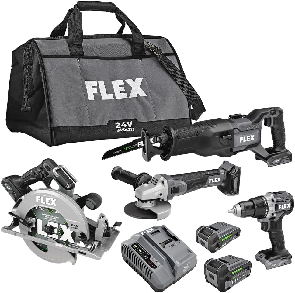 FLEX 24V Brushless Cordless 4-Tool Combo Kit: Circular Saw, Reciprocating Saw, Fixed Speed Angle Grinder, Drill Driver with 2.5 Ah, 5.0Ah Lithium Batteries and 160W Charger - FXM402-2B