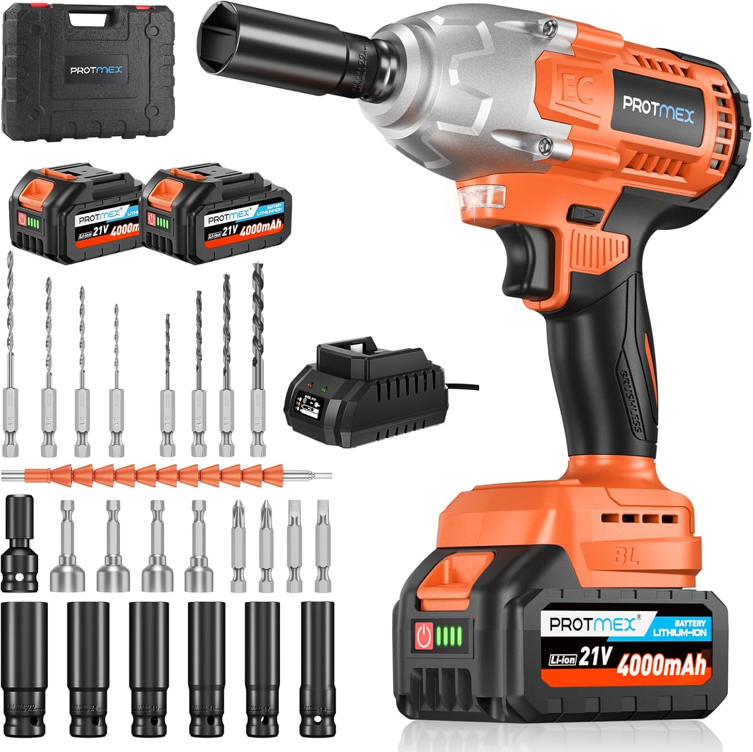 Cordless Impact Wrench, 665Ft-Ibs (900N.m) 1/2" Electric Impact Wrench, 21V Power Impact Drill with 2x 4.0Ah Battery, 6 Sockets, 8 Drill, 6 Screws, Impact Gun Variable Speeds for Car/Truck /Mower