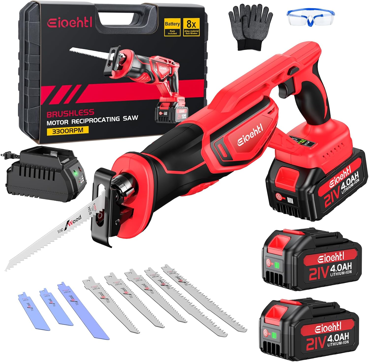 Brushless Cordless Reciprocating Saw – 3300 SPM, Dual 21V 4.0Ah Batteries & Fast Charger, 8-Piece Bi-Metal/Wood Blade Kit, Low-Noise Lightweight for Wood, Metal, PVC & Pruning (Carry Case Set)