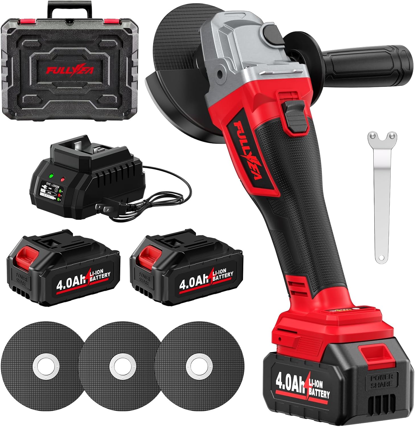 Cordless Angle Grinder 4-1/2", Brushless Metal Grinder 12000 RPM, Power Angle Grinders with 2 * 4.0Ah Batteries & Charger, 3*Cutting Wheels, Electric Angle Grinder Tool Kit for Cutting (Red)