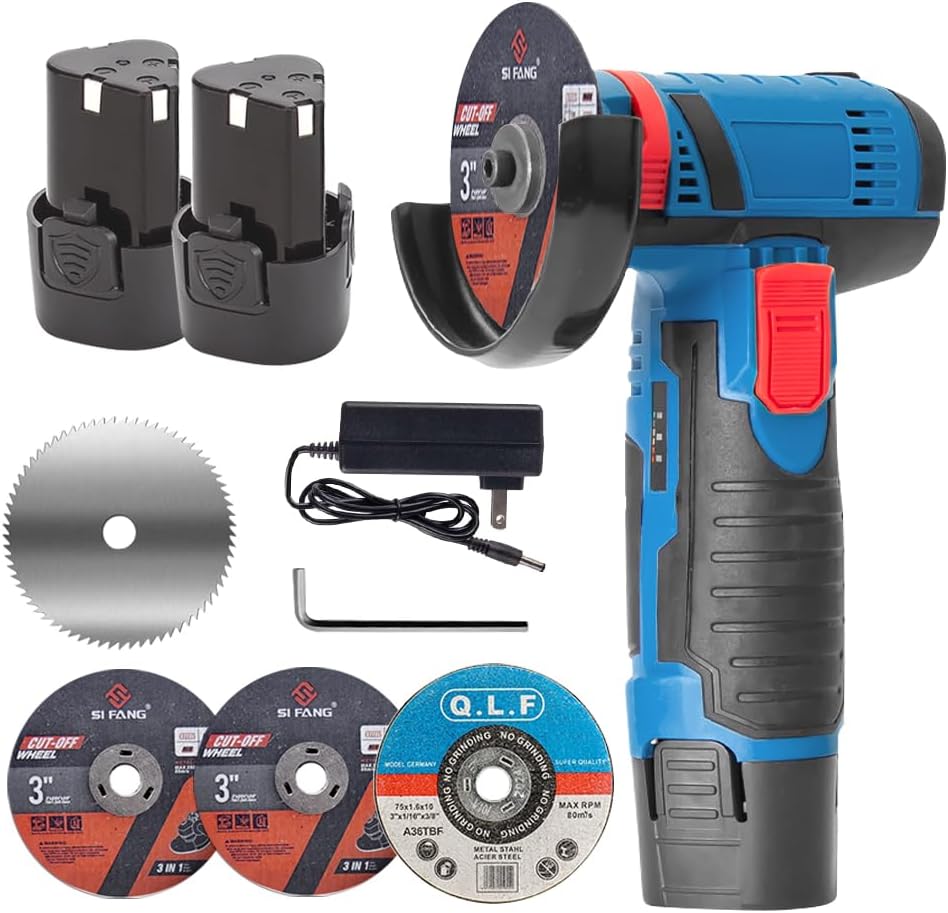 Cordless Brushless Angle Grinder Kit, Mini Angle Grinder with 2pcs 12V Lithium Batteries and 4 Saw Blades, Speed 19500r/min for Metal/Wood Cutting Grinding, Home Professional Use