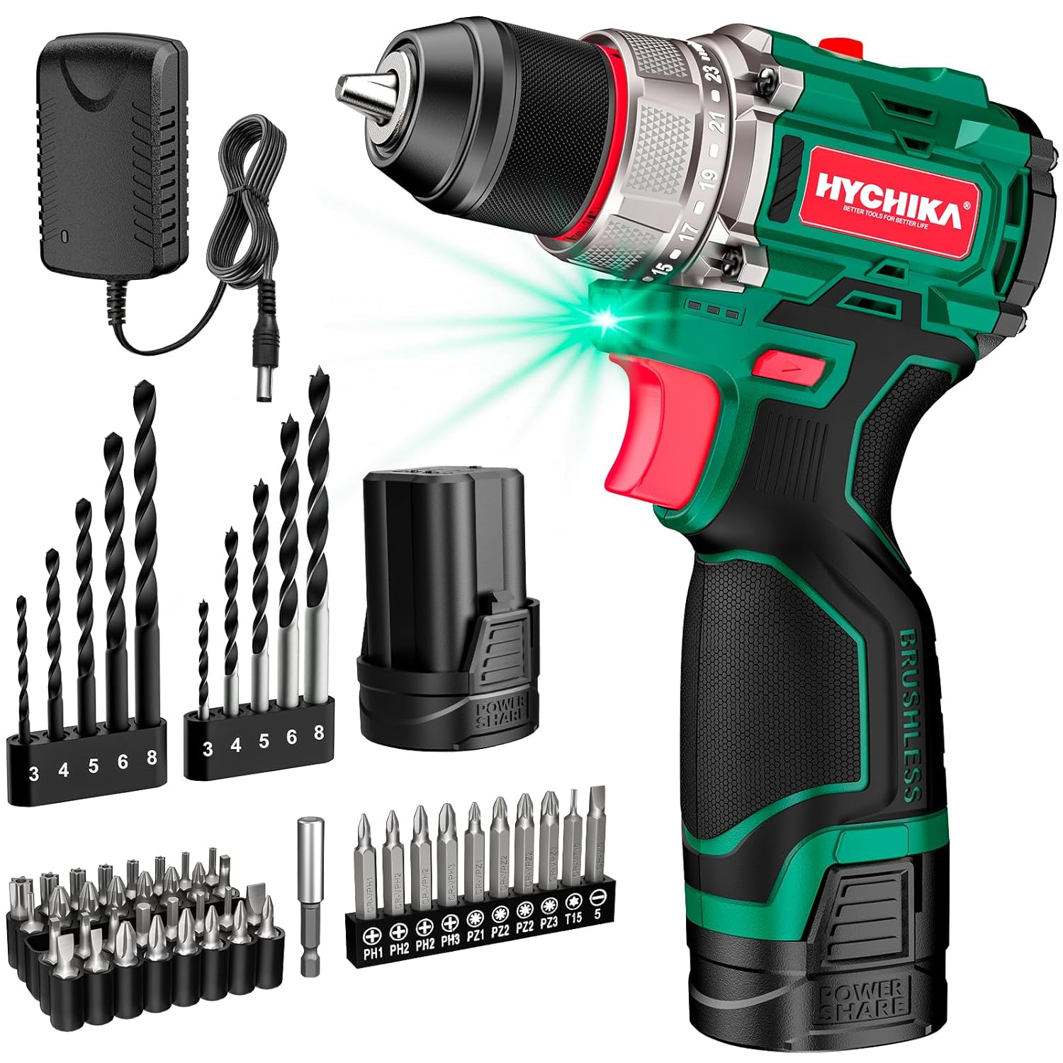 HYCHIKA Drill Set, True Brushless Power Drill Driver 16.8V Cordless Compact Drill Woman Man,410 IN-LB, LED Light,2 Variable Speed 23+1 Torque 3/8" Keyless Chuck, 1 Lithium-Ion Battery