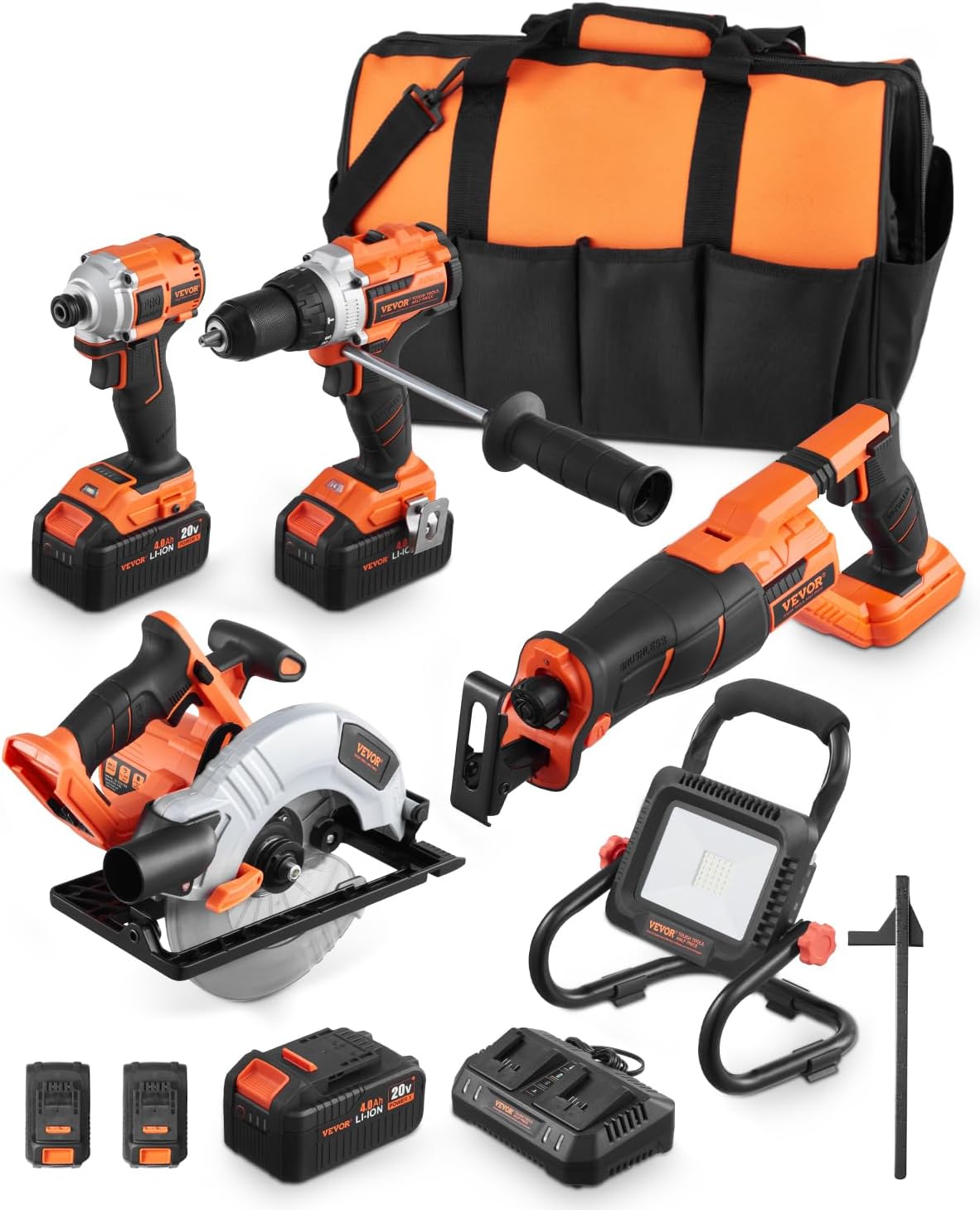 VEVOR Tool Combo Kit, 20V Brushless 5-Tool Combo Kit, Cordless Power, Cordless Drill and Impact Driver, with 4.0 Ah Batteries, Charger, Reciprocating Saw, Circular Saw, and Work Light