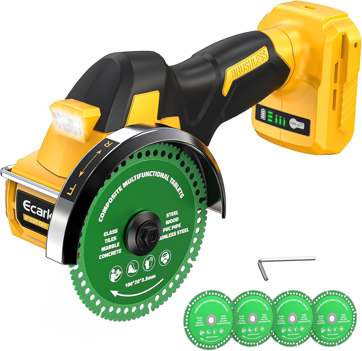 Ecarke Cordless Cut Off Tool Compatible with DeWalt 20V Battery, 4" Circular Saw Brushless Motor with Blades, 18,000 RPM Mini Cut Off Tool Kit for Wood/Metal/Plastic/Tile/Stone Cutting, NO BATTERY