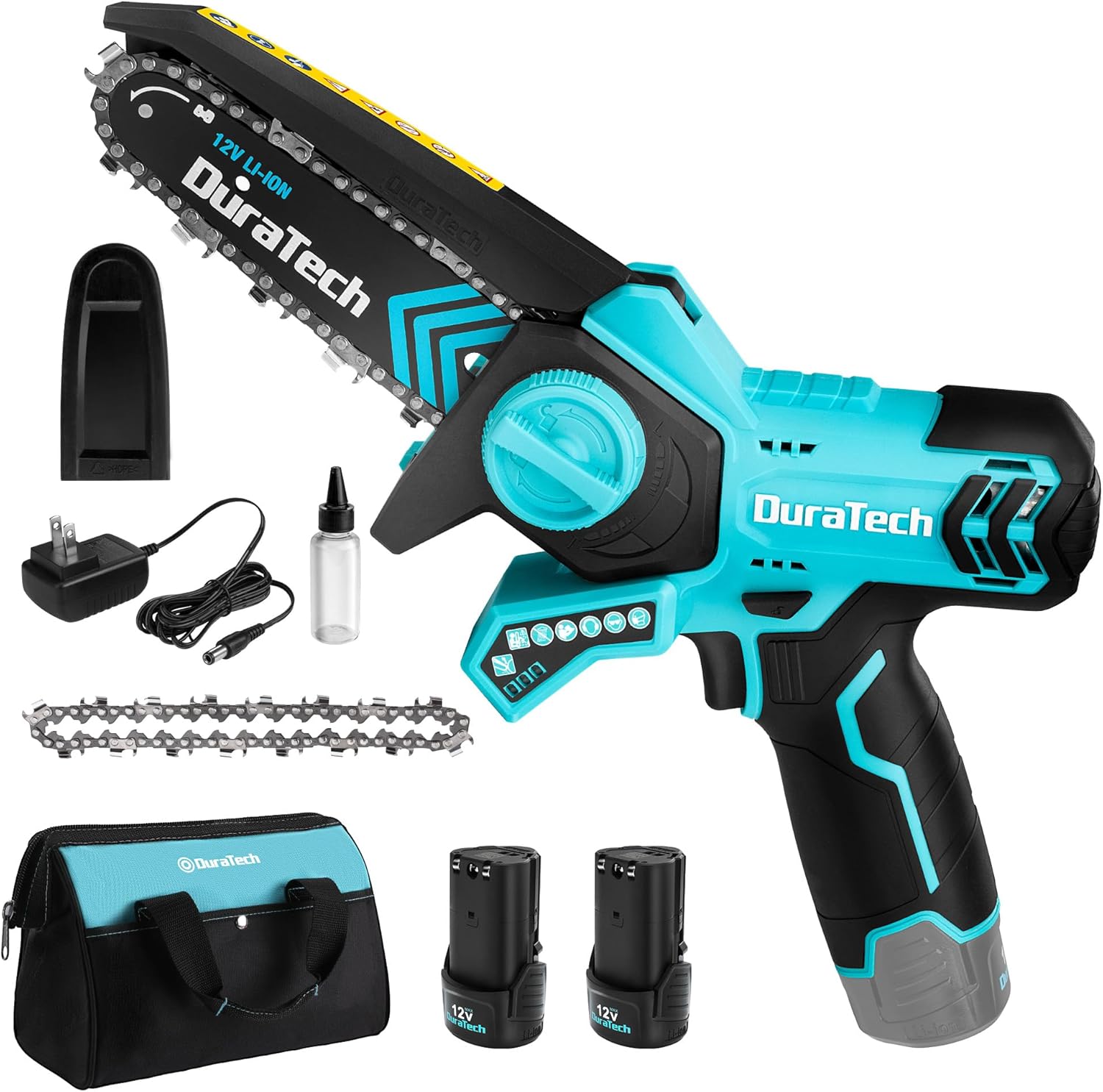 DURATECH 12V Mini Chainsaw, 6 Inch Electric Cordless Chainsaw with 2 Batteries & 2 Chains, One-Hand Operated Portable Wood Saw for Garden Tree Branch Pruning, Wood Cutting