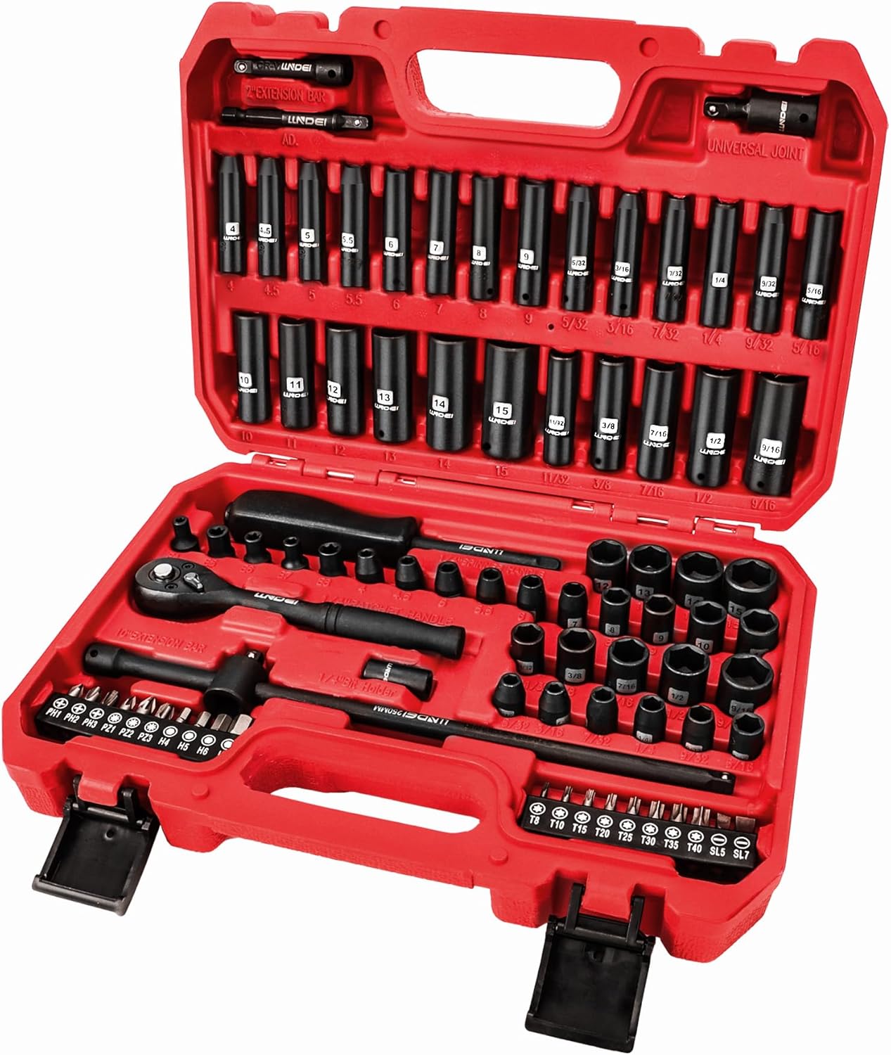 LLNDEI 1/4 inch Drive Impact Socket Set 83 Piece,Standard SAE(5/32-9/16 inch) Metric Size(4-15mm),72T Ratchet Wrench Handle,CR-V Mechanics Tool Set with Adapter,Screwdriver Bits for Automotive Repair