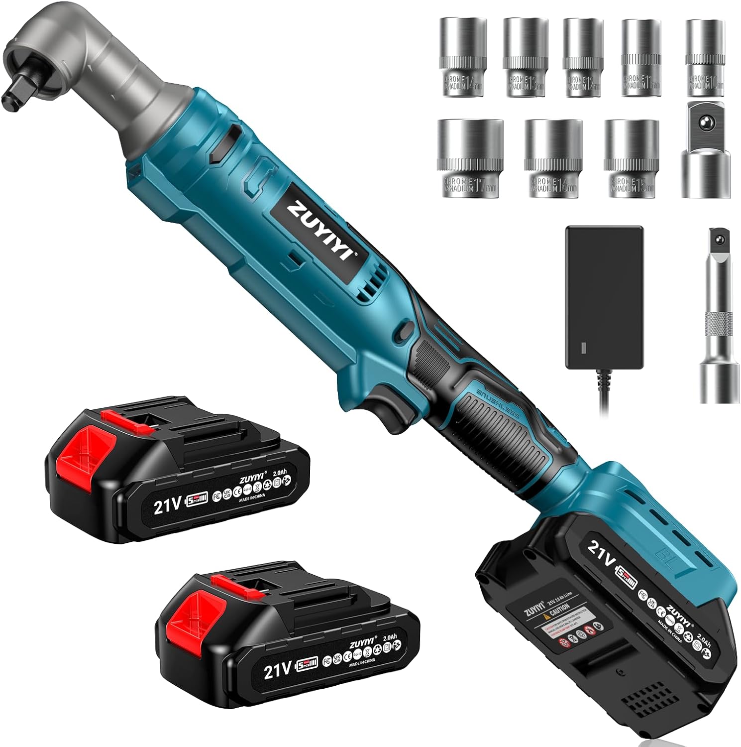 133Ft-lbs Cordless Ratchet Wrench 3/8" Set, 21V Electric Ratchet Wrench, 2250RPM Power Right Angle Wrench with 8 Sockets, 1/4" Adapter, 3" Extension Bar, 2× 2.0Ah Batteries & Charger