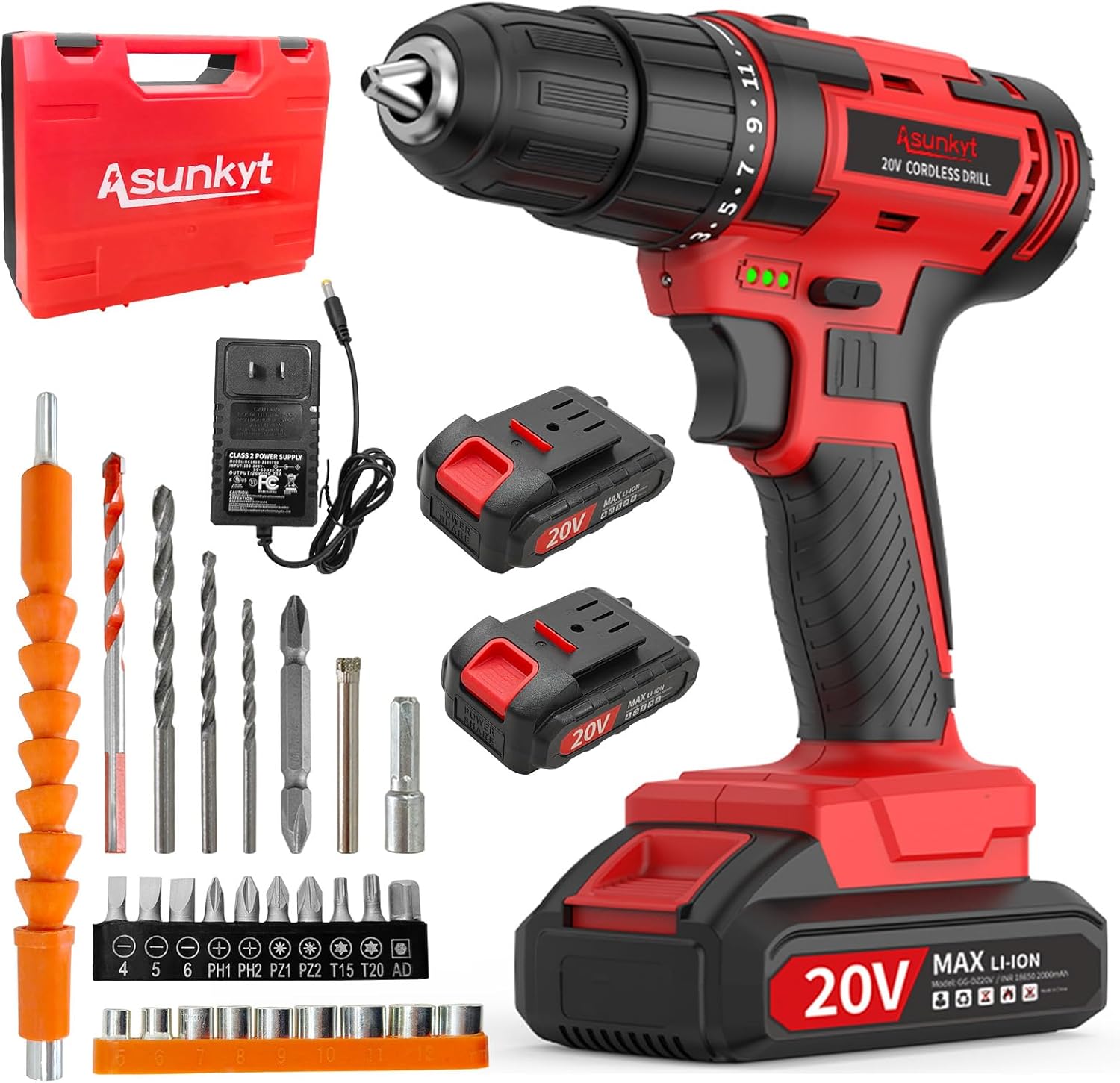 20V Cordless Hammer Drill Kit with Battery and Charger, 30Nm Torque, 3/8" Keyless Chuck, 2-Speed for Home Repair and DIY Projects (Battery×2)