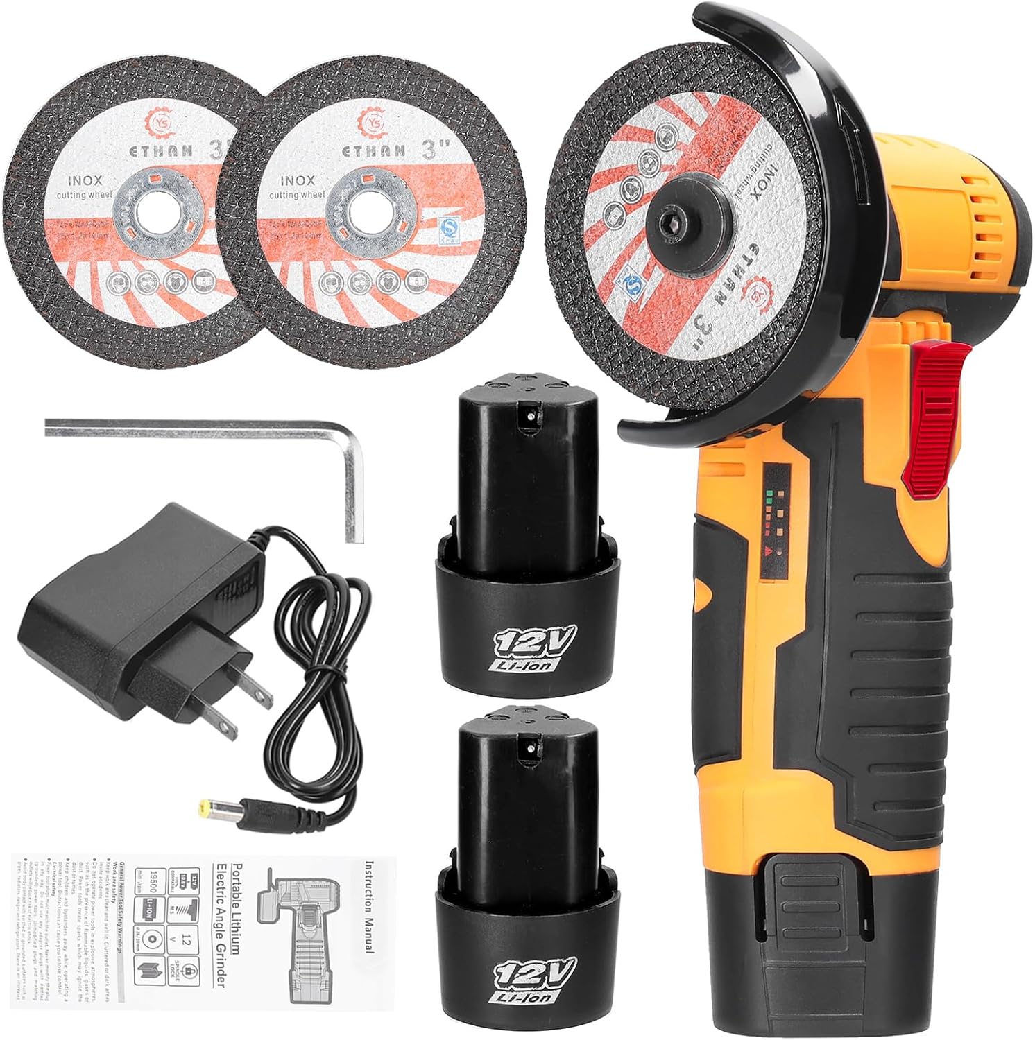 Angle Grinder, Geevorks Electric Grinding Tool 19500RPM, Mini Grinder Handheld Cutter for Cutting Polishing Ceramic Tile Wood Stone Steel, with 2 Cutting Disc/2PCS 1200mAh Battery, Yellow