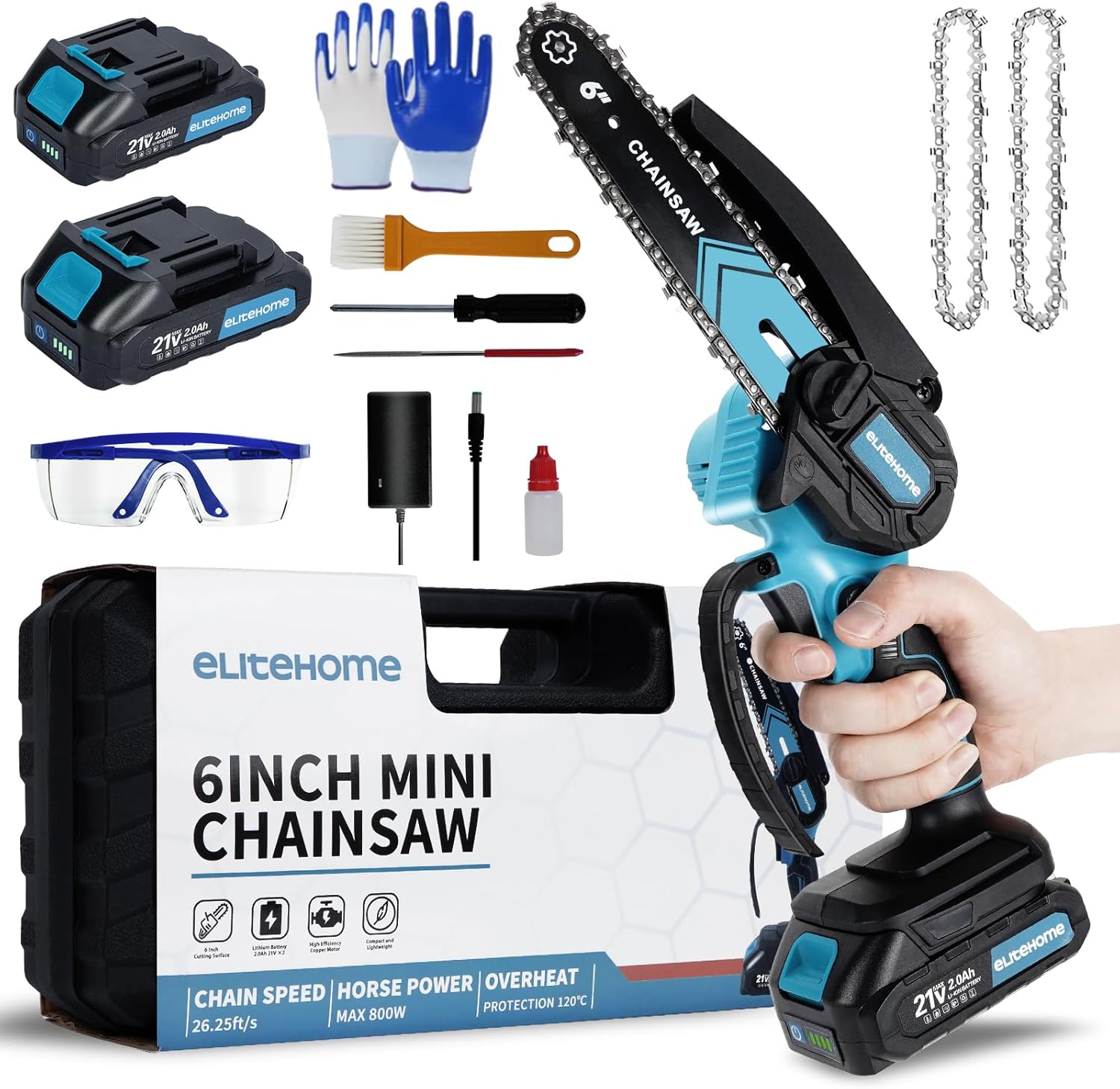EliteHome Mini Chainsaw Cordless 2 Batteries 6 Inch Electric Portable Handheld Small Chain Saw Battery Powered for Tree Trimming wood cutting