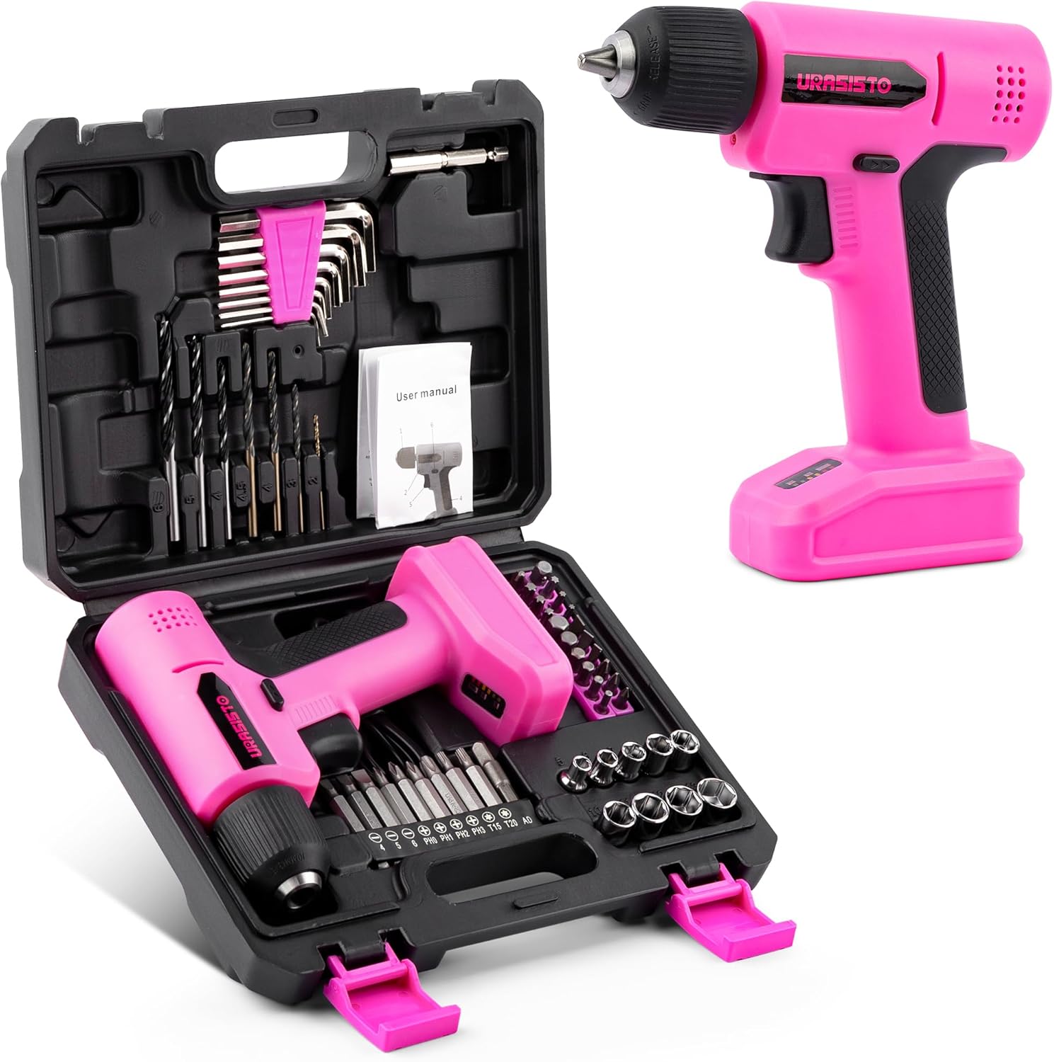 8V Pink Cordless Drill, Power Drill Tool Set, Built-in LED, 58pcs Acessories with Household Tool Set Gift Box, Pink Drill Set for Women