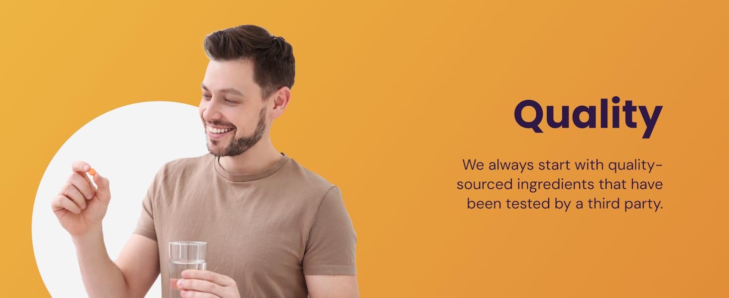 Man smiling and taking a supplement with a glass of water next to information about quality