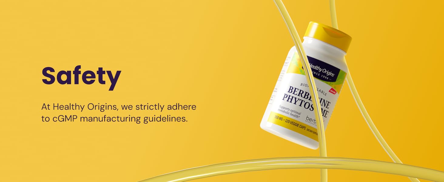 Healthy Origins Berberine Phytosome bottle floating between arcs of yellow glass, info about safety