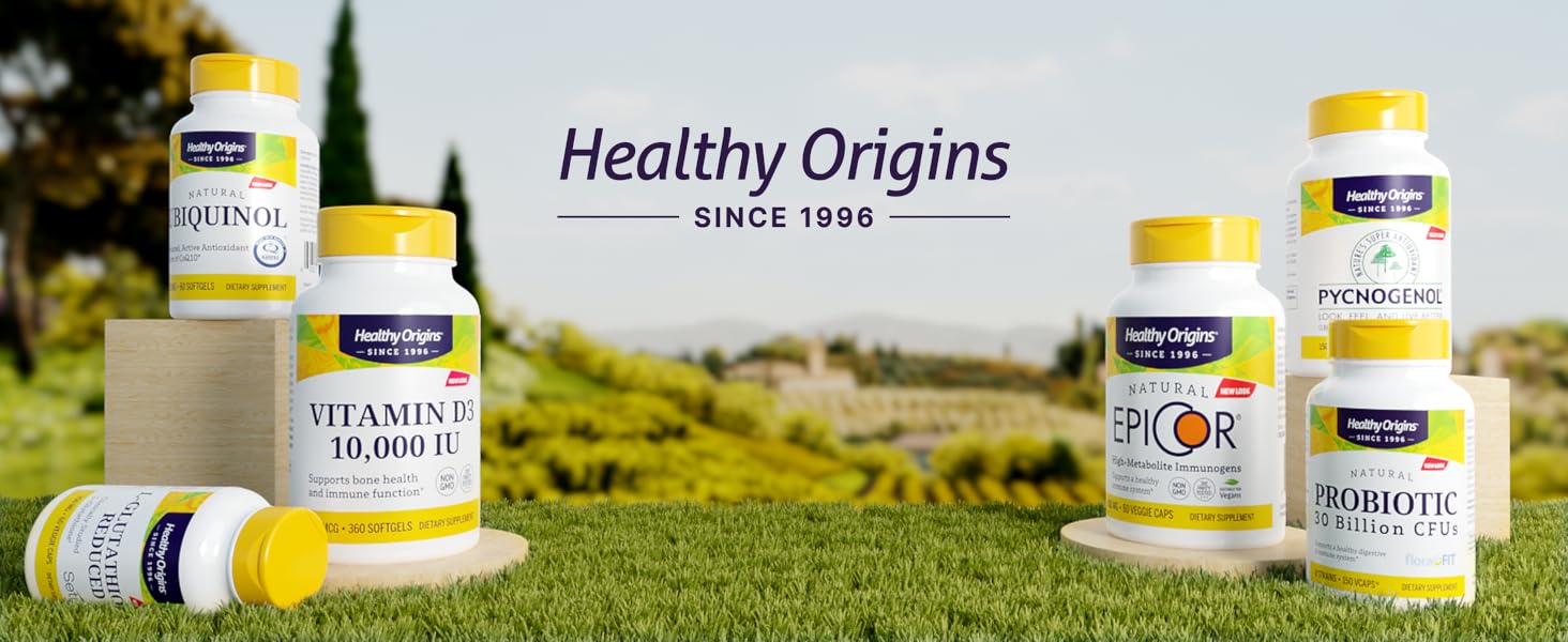 Various Healthy Origins bottles sitting on grass in front of country background and logo