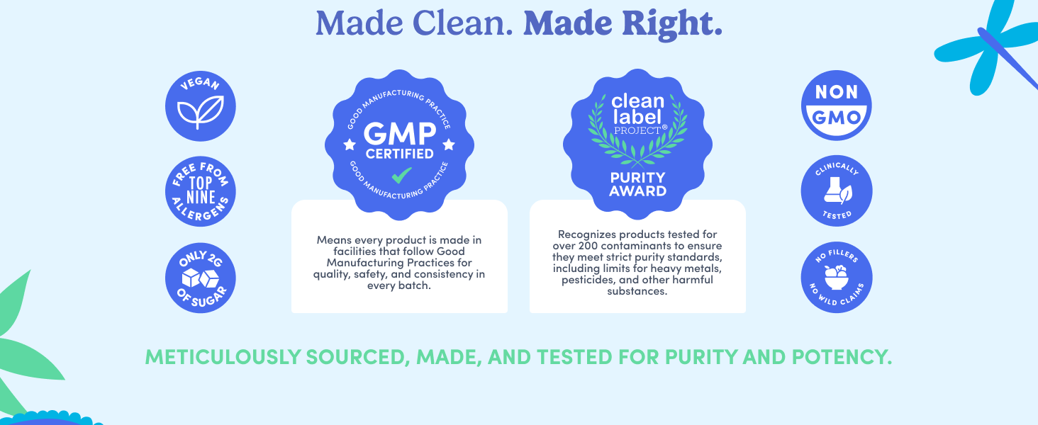Clean Label Project Purity Award, GMP, and clean-formula icons.