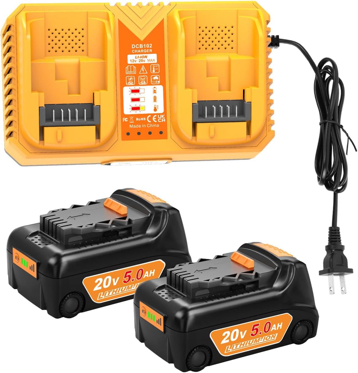 2-Pack 5.0Ah Battery Replacement for Dewalt 20v Battery with DCB102 Battery Charger Station