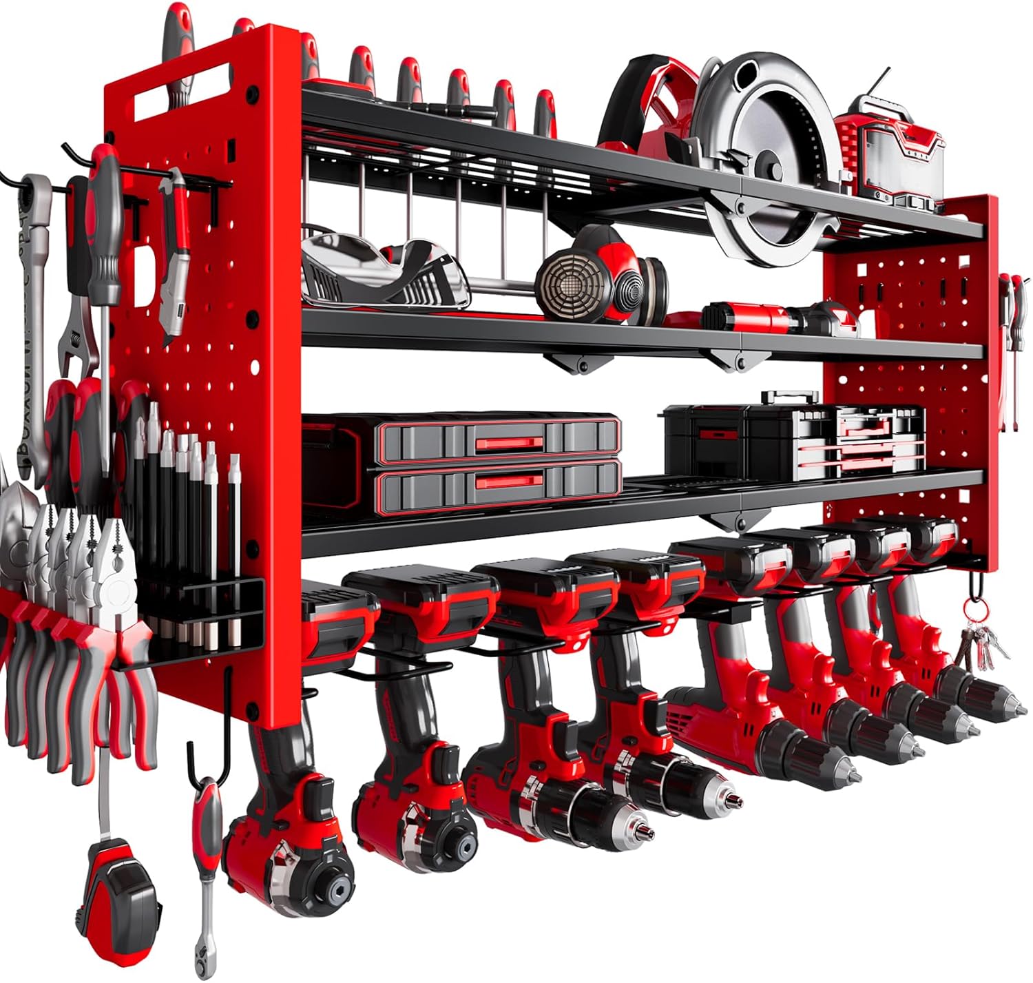 Power Tool Organizer Wall Mount,Cordless Drill Organizer,4 Layers Large Capacity Tool Rack with 8 Drill Holders (RED)