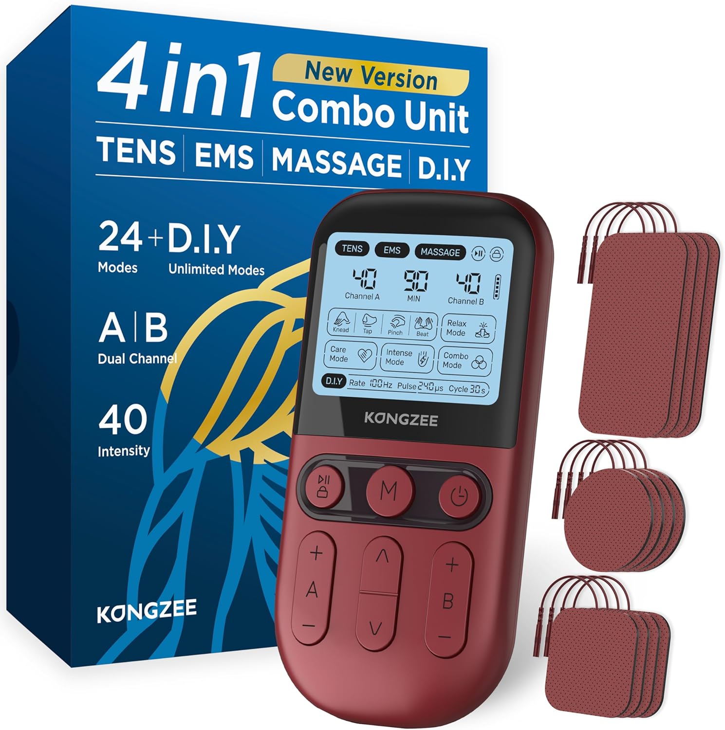 4 in 1 - D.I.Y & Tens Unit & EMS & Massage Muscle Stimulator, Dual Channel TENS Units Therapy Machine for Pain Relief, FDA Cleared Rechargeable Electronic Pulse Massager,with 12pcs Electrode Pads eBaydiy Tools