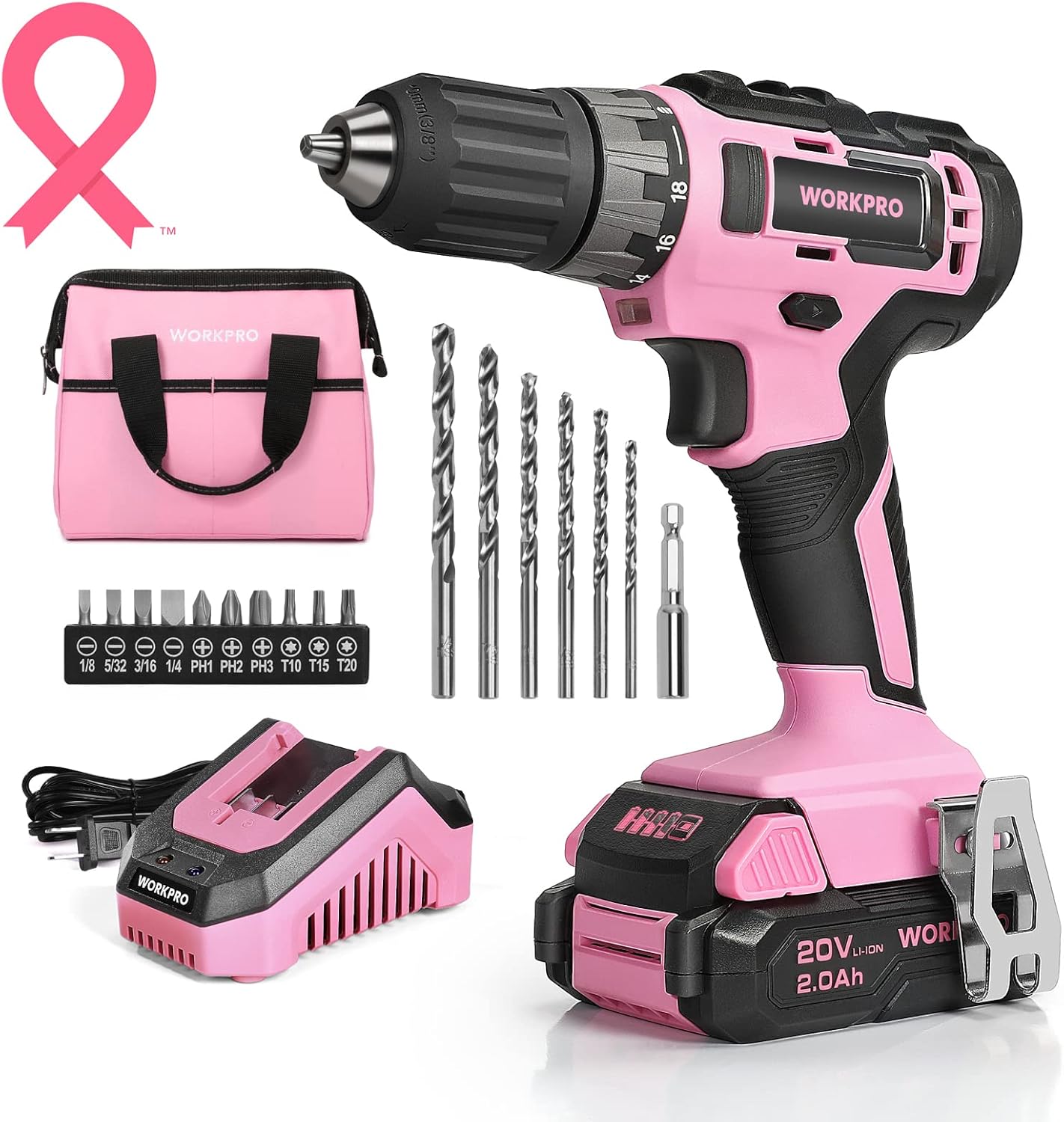 WORKPRO 20V Pink Cordless Drill Driver Set, 3/8” Keyless Chuck, 2.0 Ah Li-ion Battery, 1 Hour Fast Charger and 11-inch Storage Bag Included - Pink Ribbon