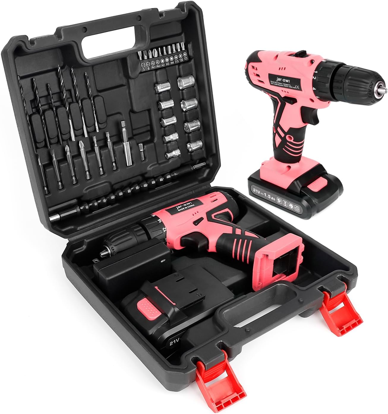 Jar-Owl 21V Pink Cordless Drill Set for Women,350 in-lb Torque, 0-1350RMP Variable Speed, 10MM 3/8'' Keyless Chuck, 18+1 Clutch, 1.5Ah Li-Ion Battery & Charger for Home DIY and Repair - Black & Pink